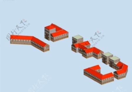 红色房顶的中国风格古代建筑群3D模型