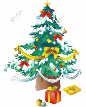 矢量圣诞丝带礼物和圣诞树