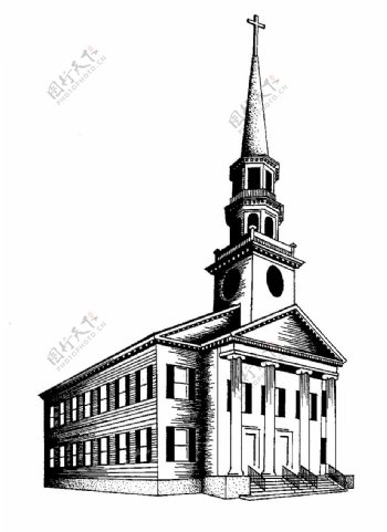 黑白线描素描西方教堂
