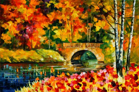 油画秋天的桥图片