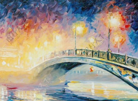 油画石桥夜景图片