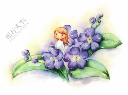 花朵上的小女孩彩绘PSD源文件