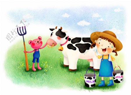 卡通孩童与奶牛