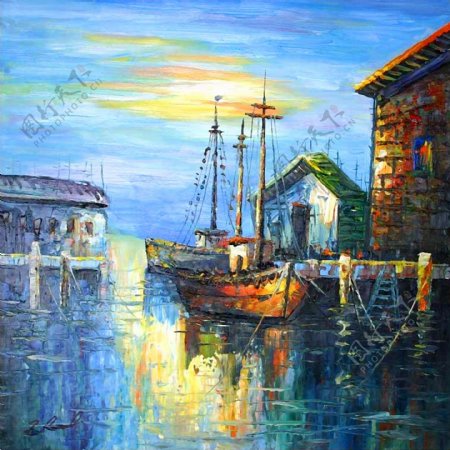 抽象派码头渔船风景油画篇