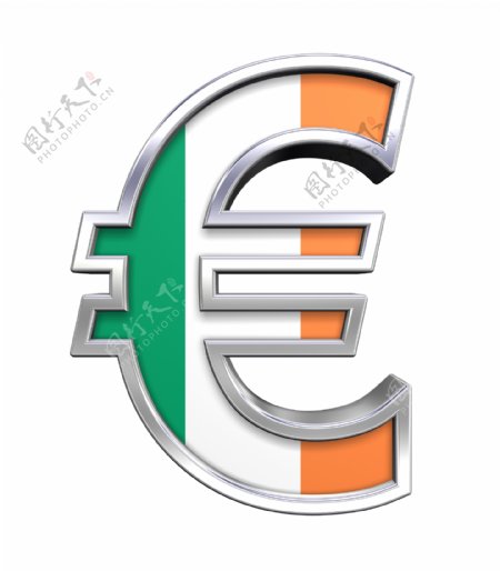 爱尔兰国旗孤立在白色银欧元符号