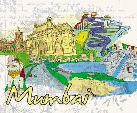 手绘印度孟买旅游城市建筑风光图片