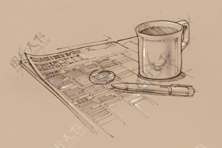 手绘线图书籍咖啡图片