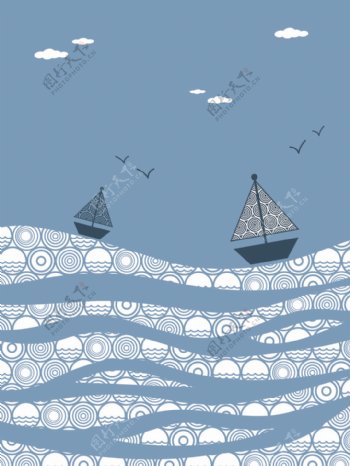 蓝色小船插画图片