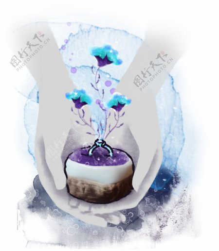 双手托着蓝色小花盆栽的插画