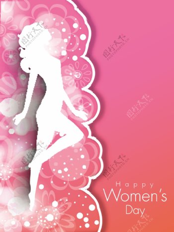 三八妇女节贺卡或海报的粉红色背景一个年轻女孩白色的轮廓设计