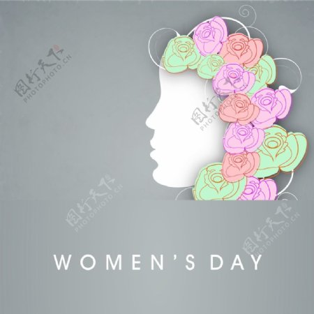 三八妇女节贺卡或海报的五颜六色的鲜花装饰毛在肮脏的灰色背景的女孩插画设计
