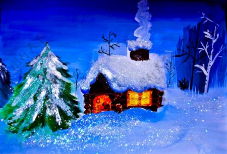 油画冬季小屋图片