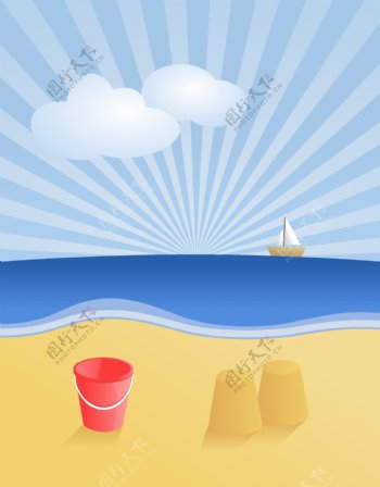 矢量卡通风景矢量海滩风景夏日海滩风景矢量大海矢量帆船海上日出沙滩圆桶eps