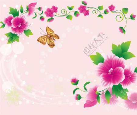 粉色花朵黄蝴蝶绿叶
