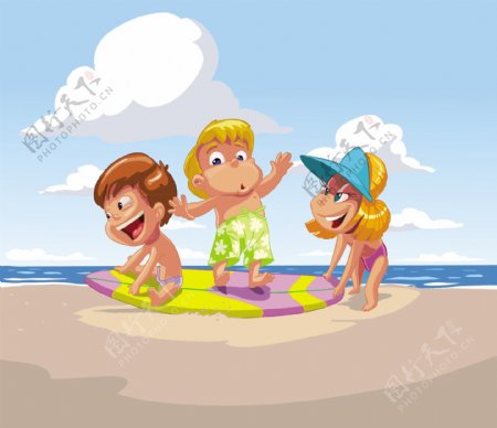 5个卡通孩子海滩乐趣矢量背景