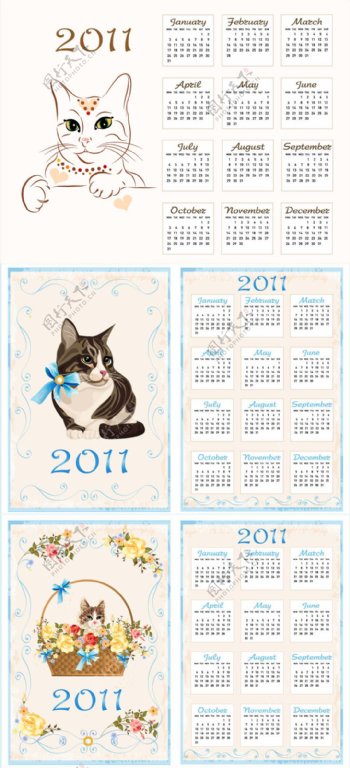 卡通猫主题2011年日历矢量素材