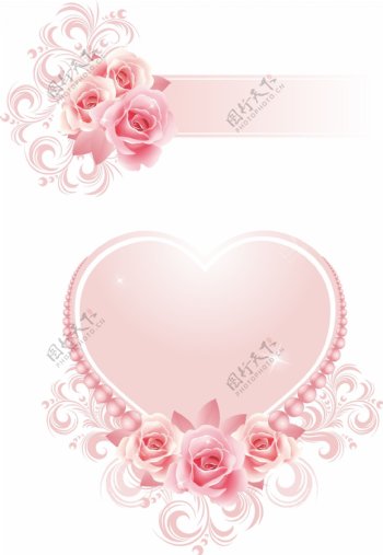 粉红色的玫瑰和心形的情人花纹元素矢量素材