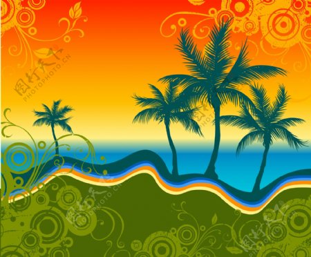海边椰树剪影与潮流花纹矢量素材图片