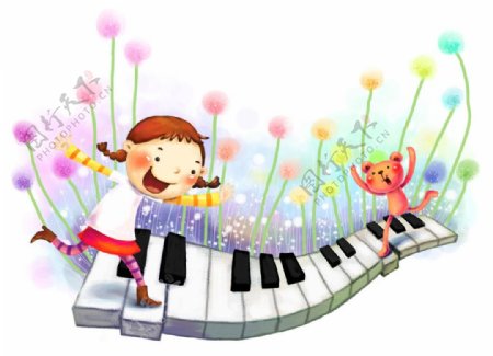 钢琴键上的小美女