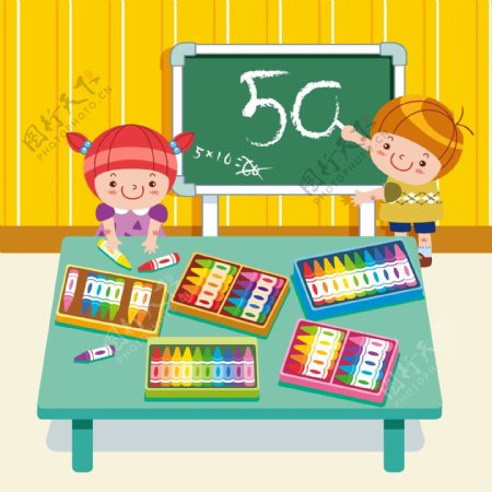印花矢量图可爱卡通数学教育男孩女孩免费素材