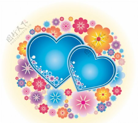 一个可爱的蓝色心形和花卉背景矢量素材