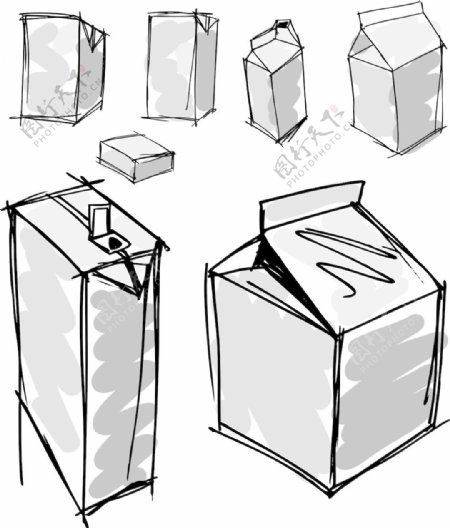 在一些不同角度的矢量插画牛奶盒示意图