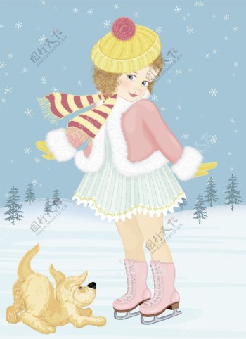 冬天的小女孩可爱的狗设计矢量图01