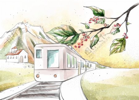 HanMaker韩国设计素材库背景淡彩色调意境绘画风格火车树枝