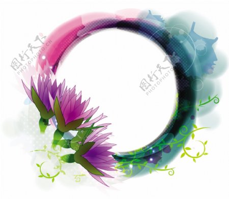 紫色花朵和水墨圆圈