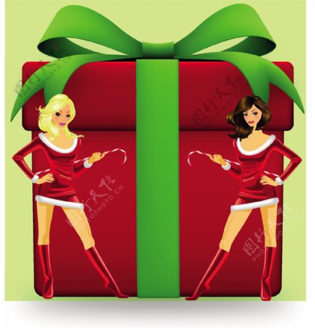 圣诞女孩和礼品盒设计矢量素材04