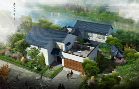 江南湖景园林独栋别墅鸟瞰图图片