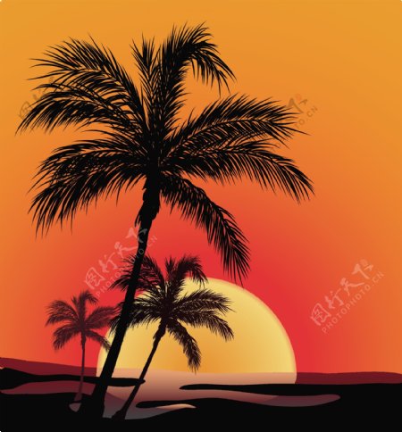 2模型的矢量日落海滩椰子阴影矢量素材