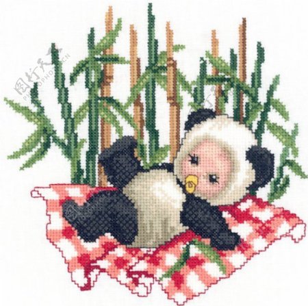 绣花大熊猫婴儿竹子床单免费素材