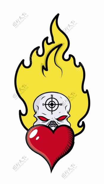 恐怖的骷髅纹身火焰和心脏卡通插画矢量