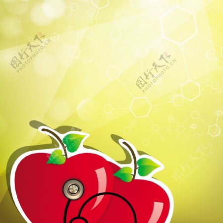 以黄色背景红苹果和sethescope医学概念
