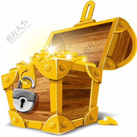 装满金币的木宝箱带锁