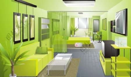 新鲜的绿色客厅设计效果图矢量素材