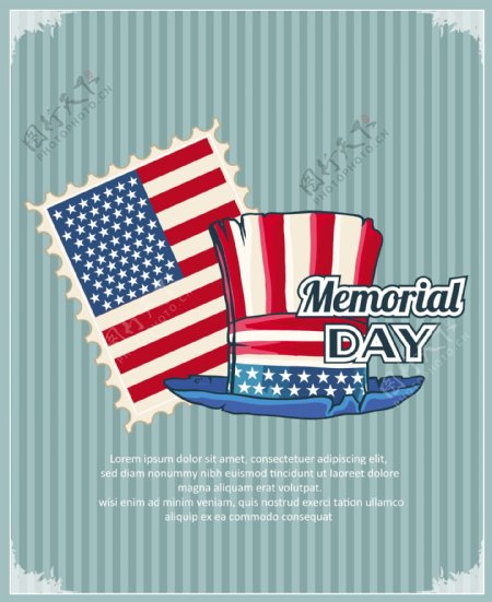 美国邮票和纪念日的矢量插画的帽子