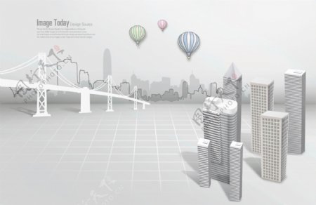 抽象城市内的桥梁和热气球