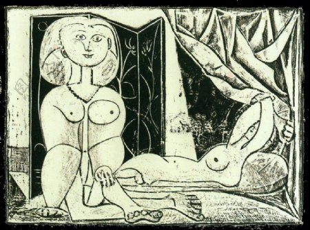1946LesdeuxfemmesnuesXVI西班牙画家巴勃罗毕加索抽象油画人物人体油画装饰画