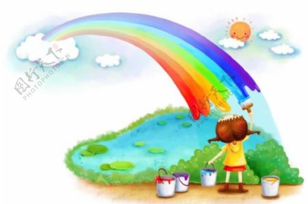卡通小女孩绘彩虹图片
