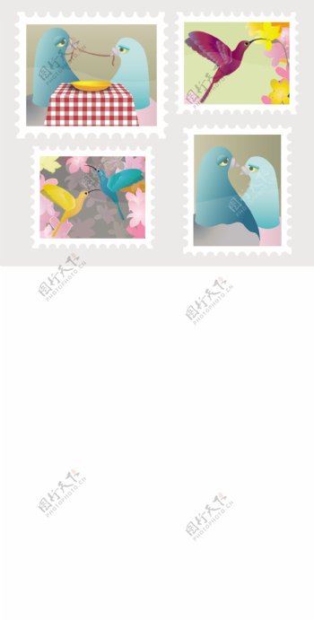鸟类邮票矢量图