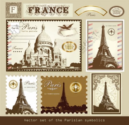 邮票巴黎象征物矢量素材图片