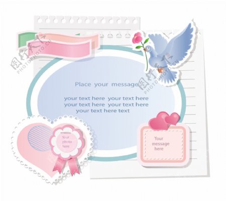 爱心鸽子玫瑰剪纸标签图片