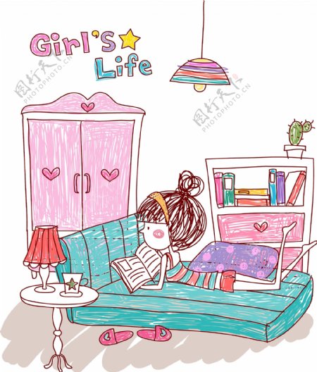 趴在床上看书的女孩图片