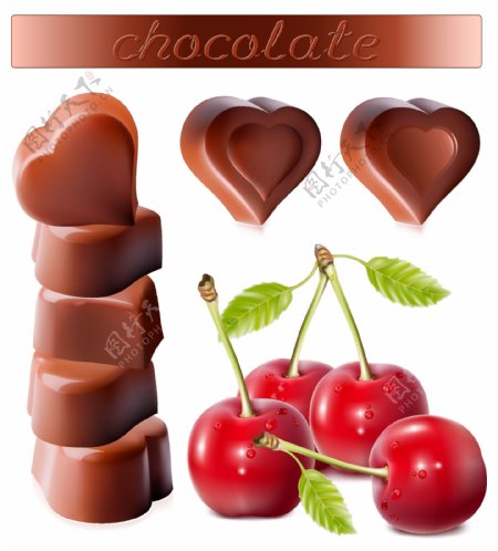矢量素材樱桃与心形巧克力