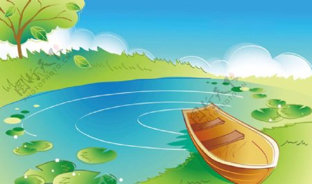 卡通湖水小船图片
