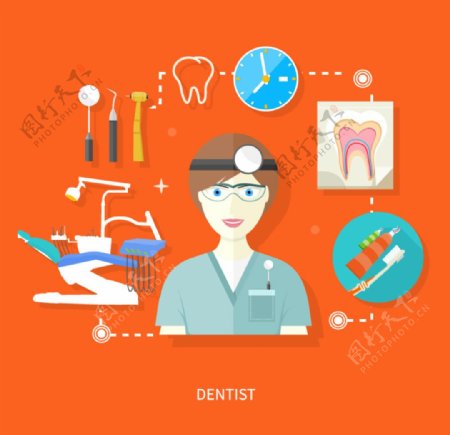 创意牙医与治疗工具矢量素材图片