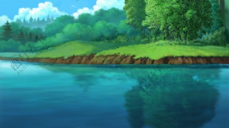 动画背景树林湖图片