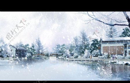 园林景观水晶石设计环境湖雪景图片